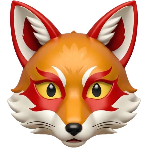 a japanese kitsune fox mask, smooth matte plastic surface, soft gradient lighting, white base with red and gold face markings, small triangular fox ears, calm and mysterious expression emoji