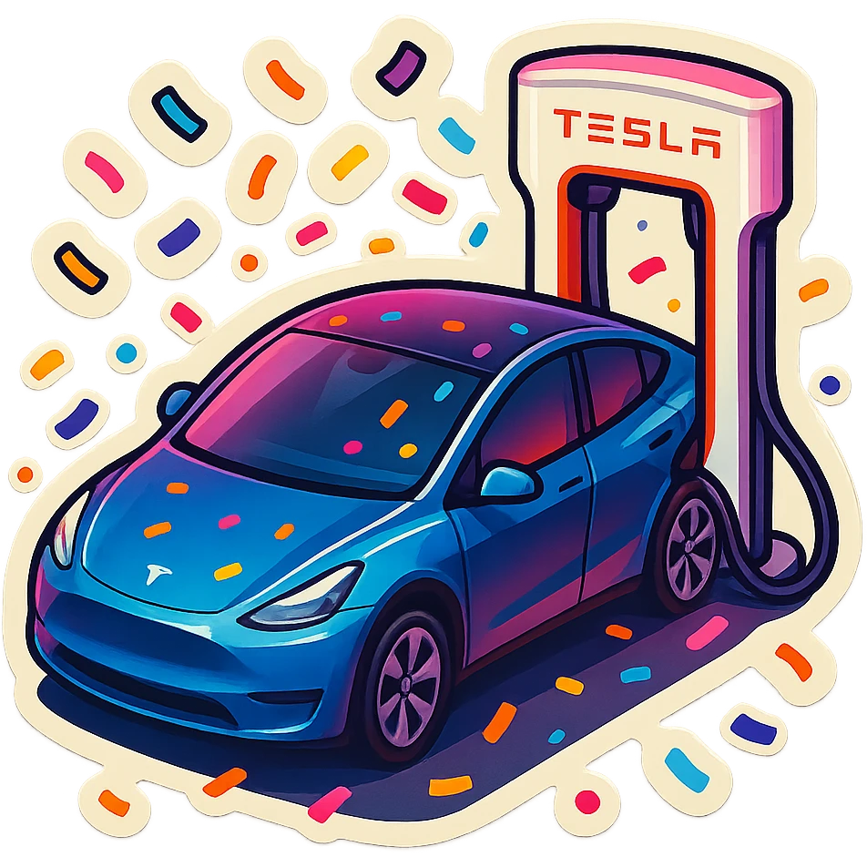 A Tesla Model Y parking at a supercharger, from above, with confetti emoji