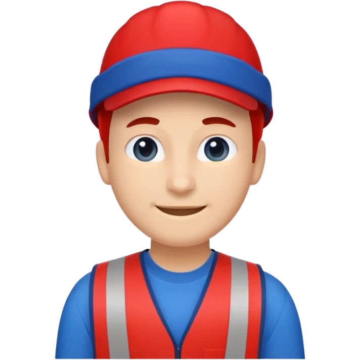 front-facing emoji-style character representing a Lowe’s store associate, flat vector style, clean and minimalist like Apple emojis, wearing a bright red vest and a blue cap in Lowe’s brand blue #004990, soft smile, rounded facial features, sticker-like outline, no logos, no text, centered emoji