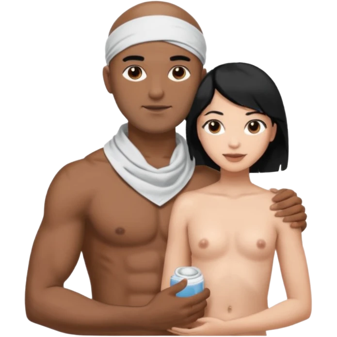 Brown guy shirtles with a bandana no hair holding a naked white girl with black hair emoji