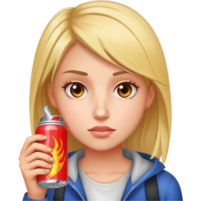 female student holding Burn energy drink can, tired face emoji