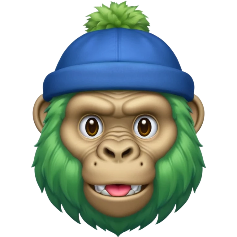 green haired gorilla head with blue hat, apple style emoji, no text emoji