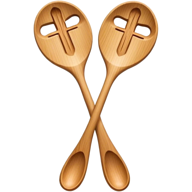 Two wooden spoons hitting each other with their flat sides, creating a cross-like shape with their handles, forming an intricate and striking visual emoji
