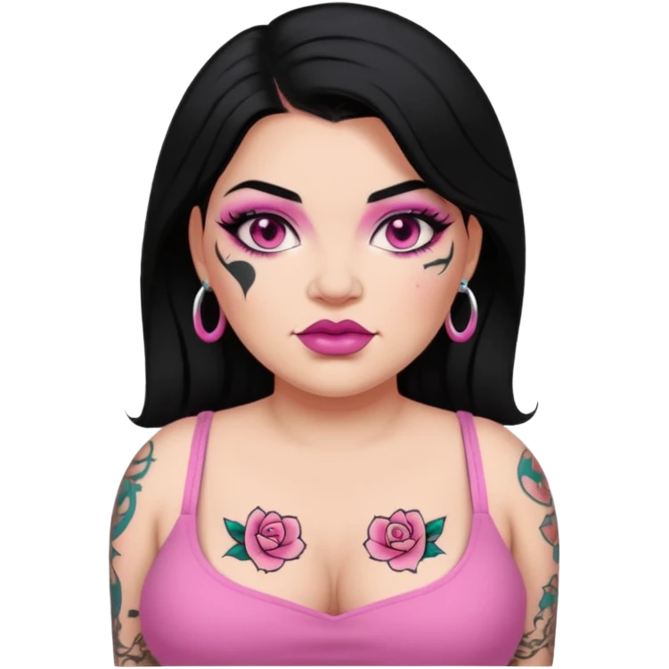 Heavyset woman, black hair, pink makeup and tattoos emoji