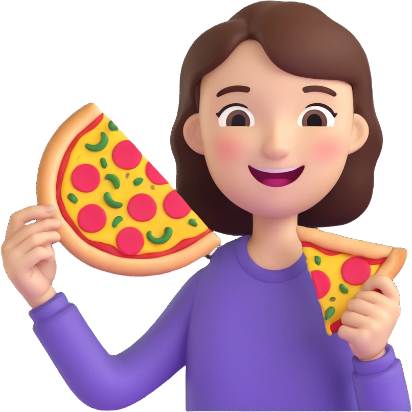 cheerful face holding a bitten pizza slice, glossy and colorful, playful expression emoji