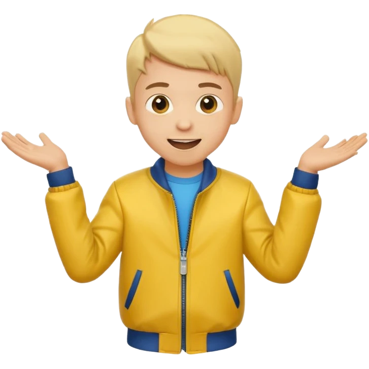 excited boy with good hair cut shrugging his shoulder, wearing yellow jacket and smile emoji