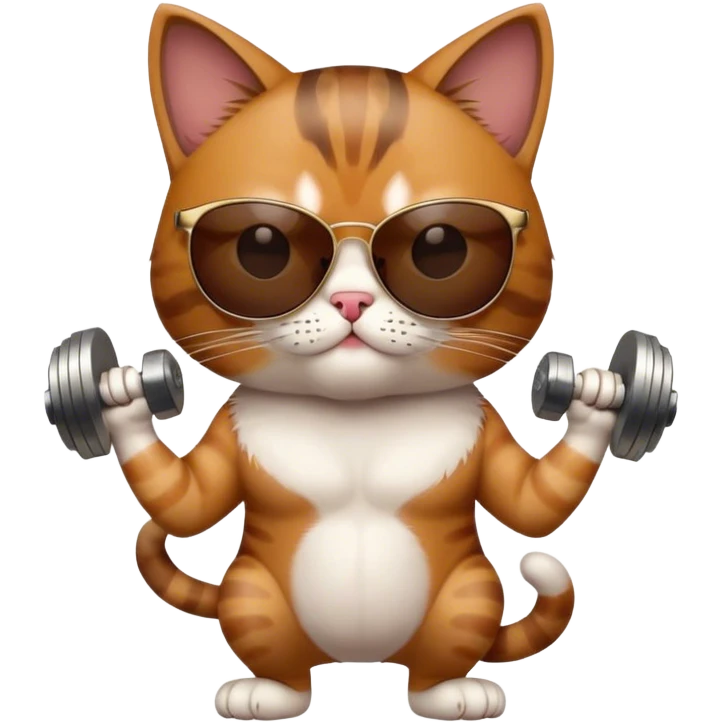 A rebel cat wearing gucci sunglasses with a dumbell in his paw emoji