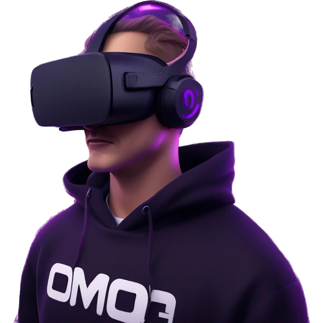 Russian man wearing a black hoodie with "OMG" letters on it and VR headset in a cyberpunk VR environment with violet neon lighting. emoji