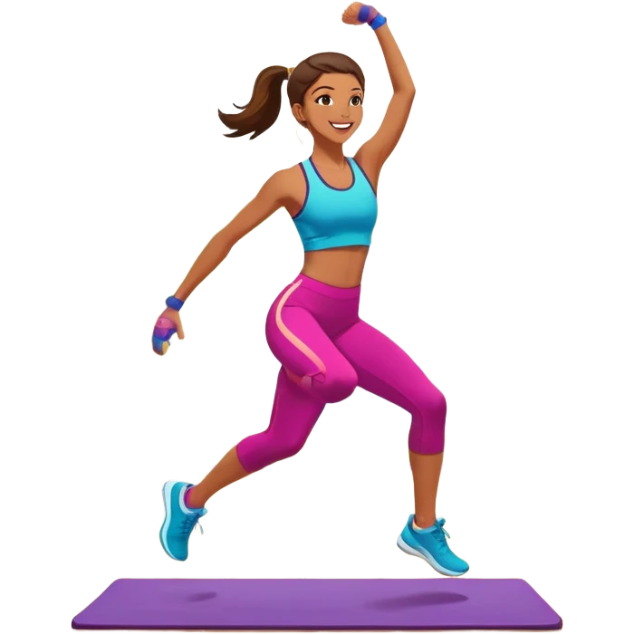 An energetic person performing an aerobics workout in a brightly lit gym, jumping and stretching with enthusiasm. The scene includes vibrant fitness equipment like dumbbells and exercise mats, with a background of cheerful, motivating colors, conveying energy and movement. emoji