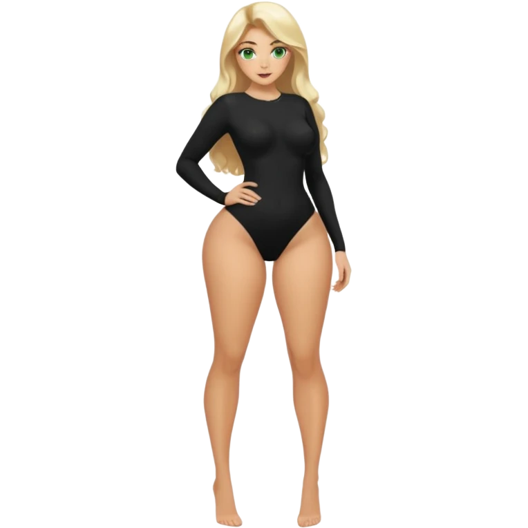 Blonde, green eyed woman with long  hair. She is curvy with a big butt and small breast. She is in sexy black clothes nude and full body exposed. She has nice long legs. She is doing sexy pose emoji