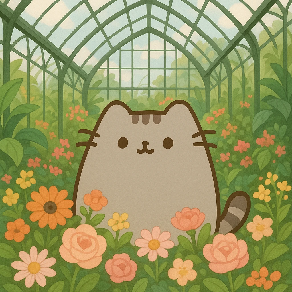 scottish fold pusheen cat surrounded by flowers in a botanical garden greenhouse emoji