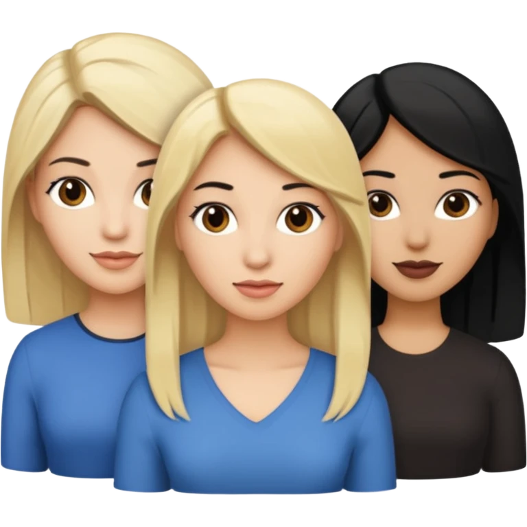 3 women emojis, Caucasian woman with blonde hair, Brown skin woman with black hair, Caucasian women with black hair emoji