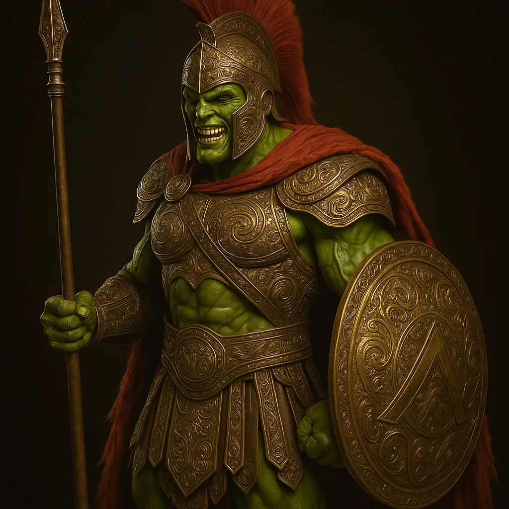 Enhance the armor with intricate Spartan details, ornate engravings, and realistic metallic textures, keeping the Mask's green face and ancient Greek warrior style. emoji