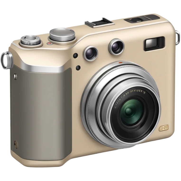 Minimalist Olympus Superzoom 70G camera from side angle, grayish-beige color, simplified profile showing characteristic silhouette with very few details emoji
