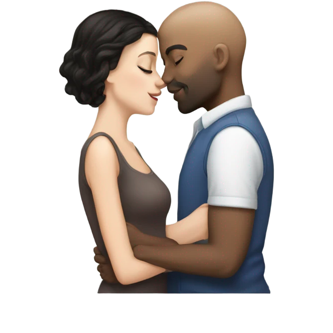White girl dark hair kissing mixed bald man emoji