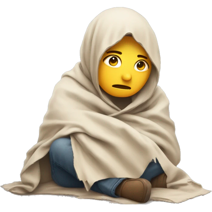 An emoji of a tired person sitting on the ground, with worn-out clothes and a sad expression, holding a simple blanket or piece of cardboard emoji