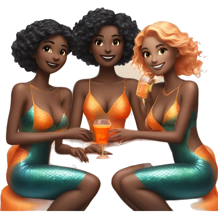 Three beautiful bright skin mermaids drinking aperol emoji
