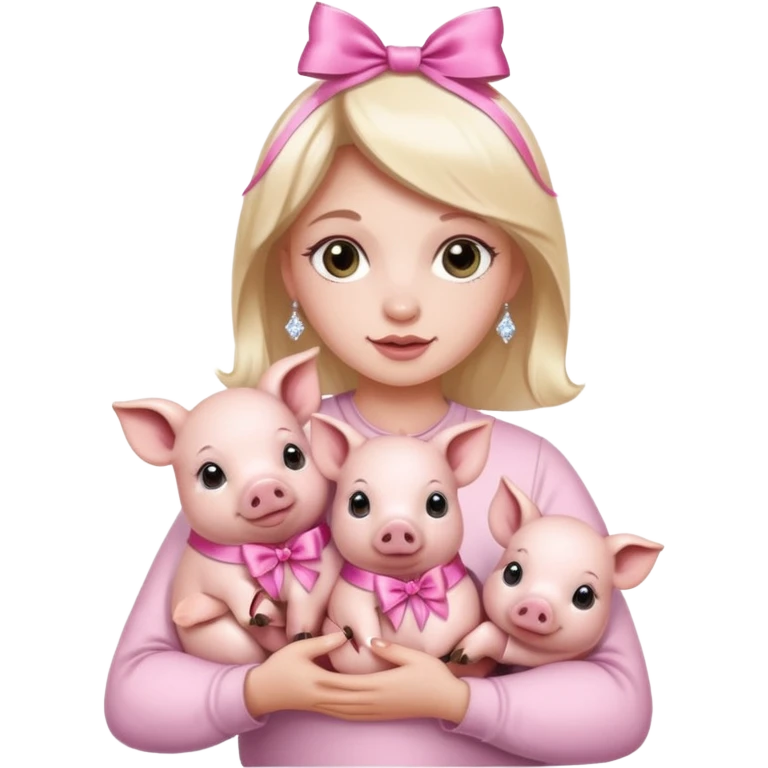 woman holding baby pigs with ribbons and crystals emoji