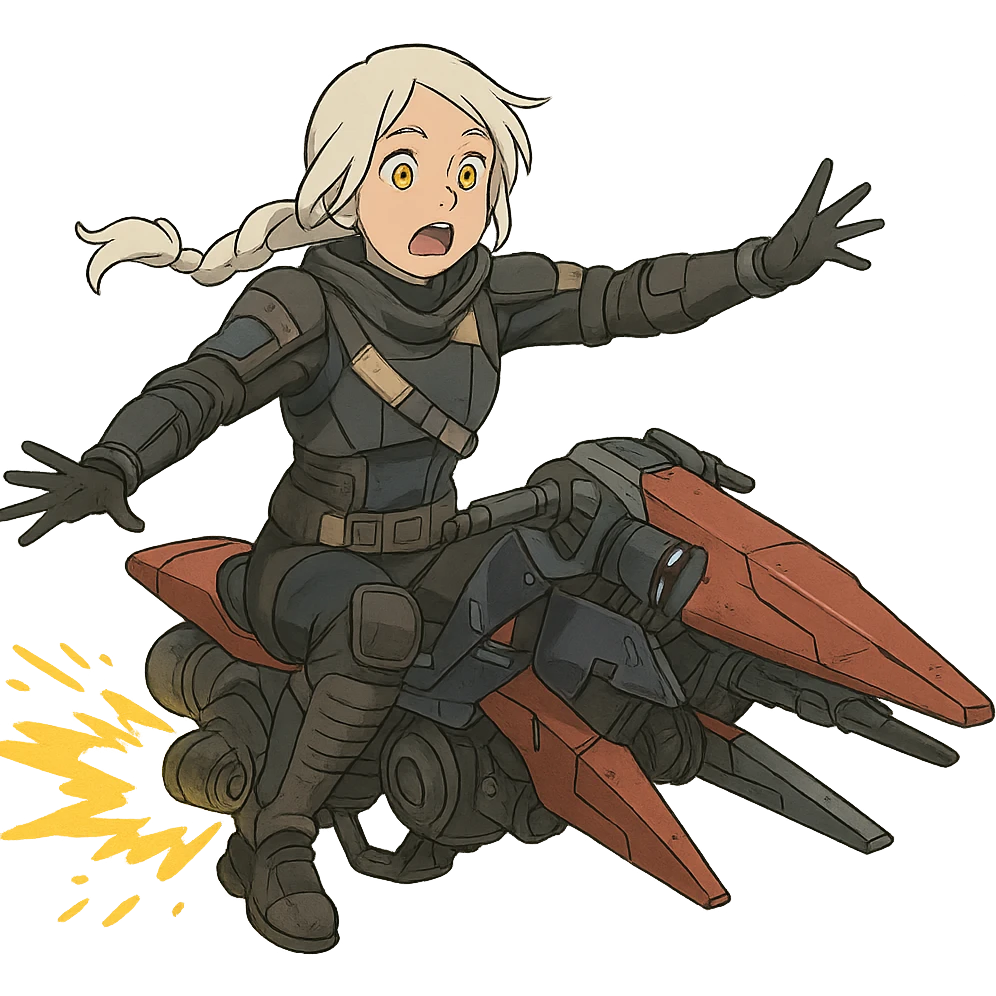 1 female, white hair long braid, gold yellow eyes, no helmet, a novice warlock from Destiny 2 armor,, futuristic technology,, level 1 warlock, flying out of control on a sparrow emoji