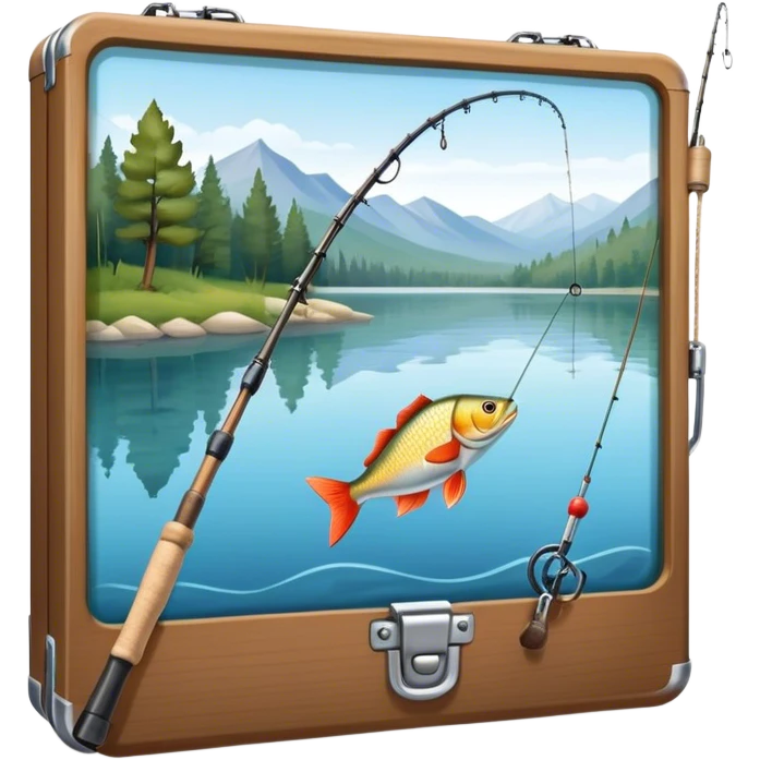 Icon for Fishing: a fishing rod with a line in the water, a tackle box, a fish on the hook, and a peaceful lake or river background. The icon should capture the calm and skill of fishing. Transparent background. emoji