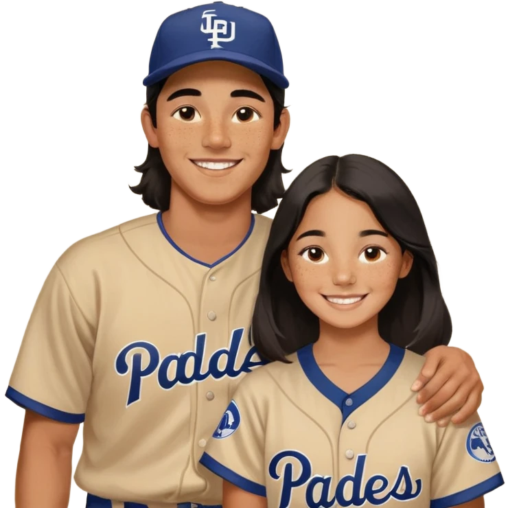 Smiling couple. Girl has medium cheeks and a lot of freckles on the nose. Long hair. The boy has black short hair and prominent eyebrows with egipcian nose. Both are wearing “Los Padres” baseball jerseys and with a sign that says “Go Padres” emoji