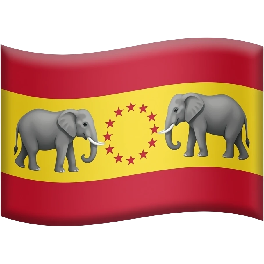 Describe the emoji is flag in the flock the three colours one upper red middle yellow lower red in the middle yellow you create that two elephants in the mmiddlein the middle yellow colour the two elephants middle one circle that circle had 28 stalls and 20th stars inside wall emoji