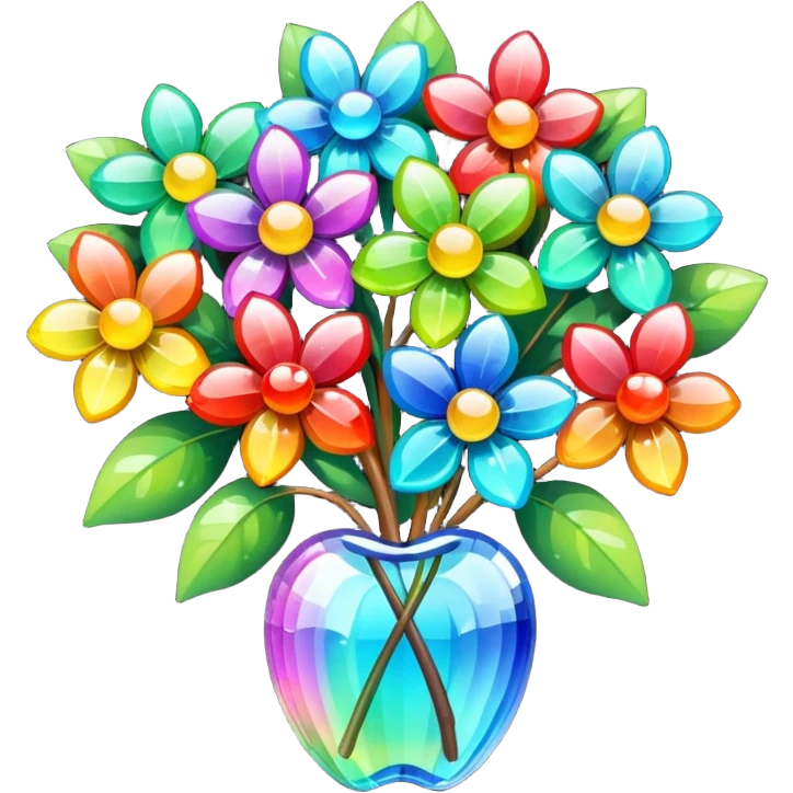 a bouquet of crystal flowers shimmering with rainbow colors, Apple emoji style emoji