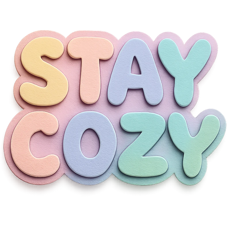 "Stay Cozy" soft pastel rainbow rounded bubble font, cute kawaii style, no border, transparent background, paper craft style emoji
