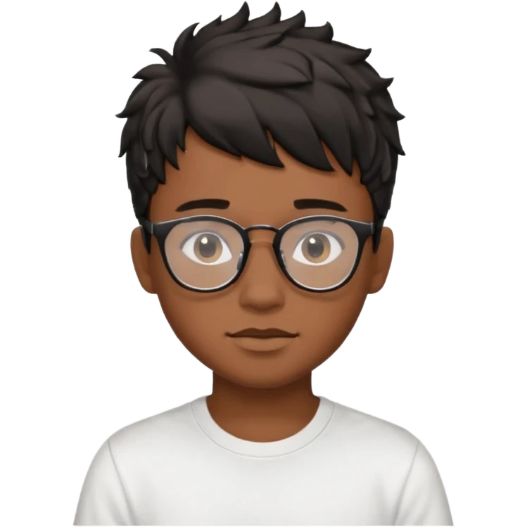 face emoji of a teenage boy, brown skin, wavy black taper fade with fringe hair, attractive face, white t-shirt, black glasses emoji