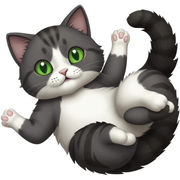 solid dark grey cat with green eyes, white toes/paws and white patch on her chest playfully rolling upside down emoji