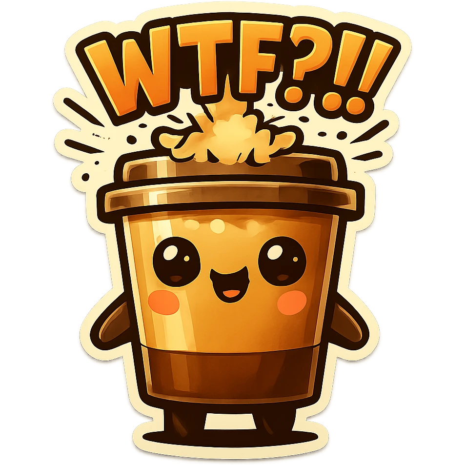 Tall coffee cup, brain blown, big "WTF??!" emoji