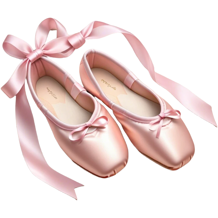 Cinematic Realistic Ballet Shoes, soft satin pink pointe shoes with delicate ribbons, resting gently on a polished wooden floor, subtle creases in the fabric, glowing under the warm golden light of a rehearsal studio, evoking elegance and grace. emoji