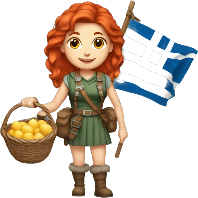 red hair female winter mountaineer offering Easter basket and Greek flag emoji