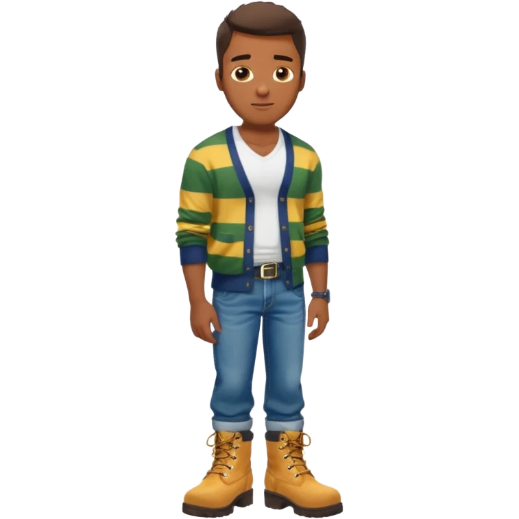 Handsome Black guy with brown skin tone, with lean muscular build, wearing baggy blue jeans, a white v-neck t-shirt, a yellow and green striped cardigan sweater, and timberland boots  emoji