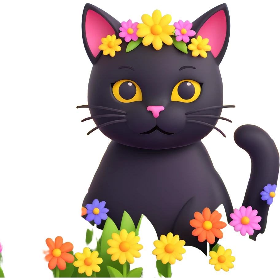 A black cat with a flower on its head in a field of flowers, vibrant colors emoji