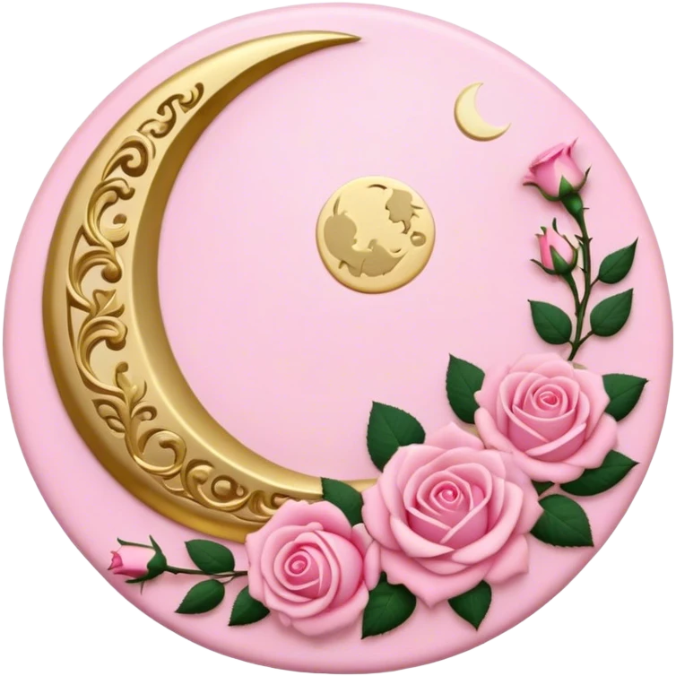 A round pink button with a cream colored crescent damask moon and pink roses in the center emoji