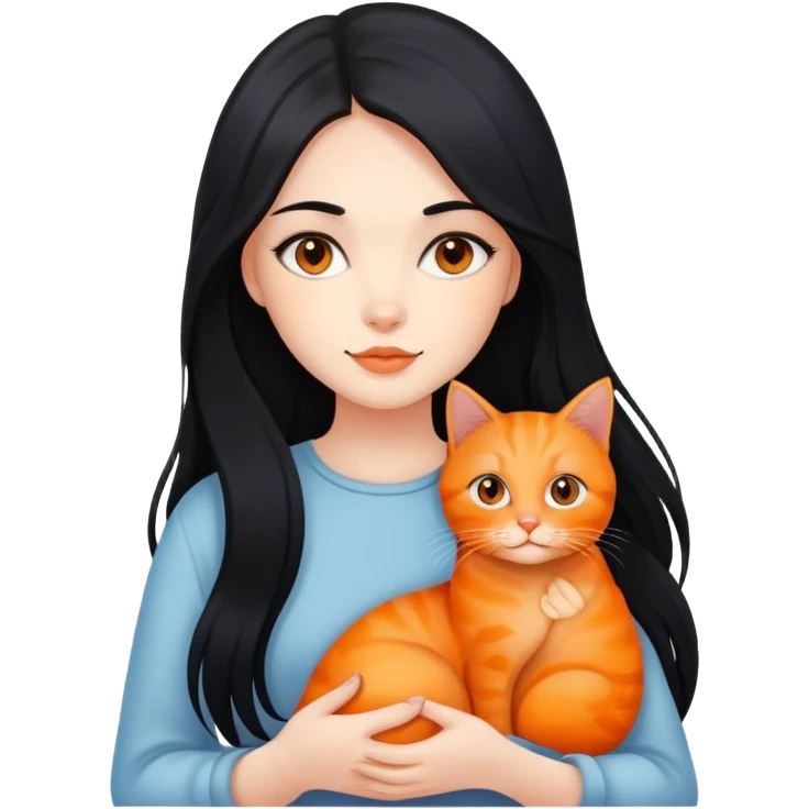 A beautiful girl with fair skin and long black hair is holding two orange cats emoji