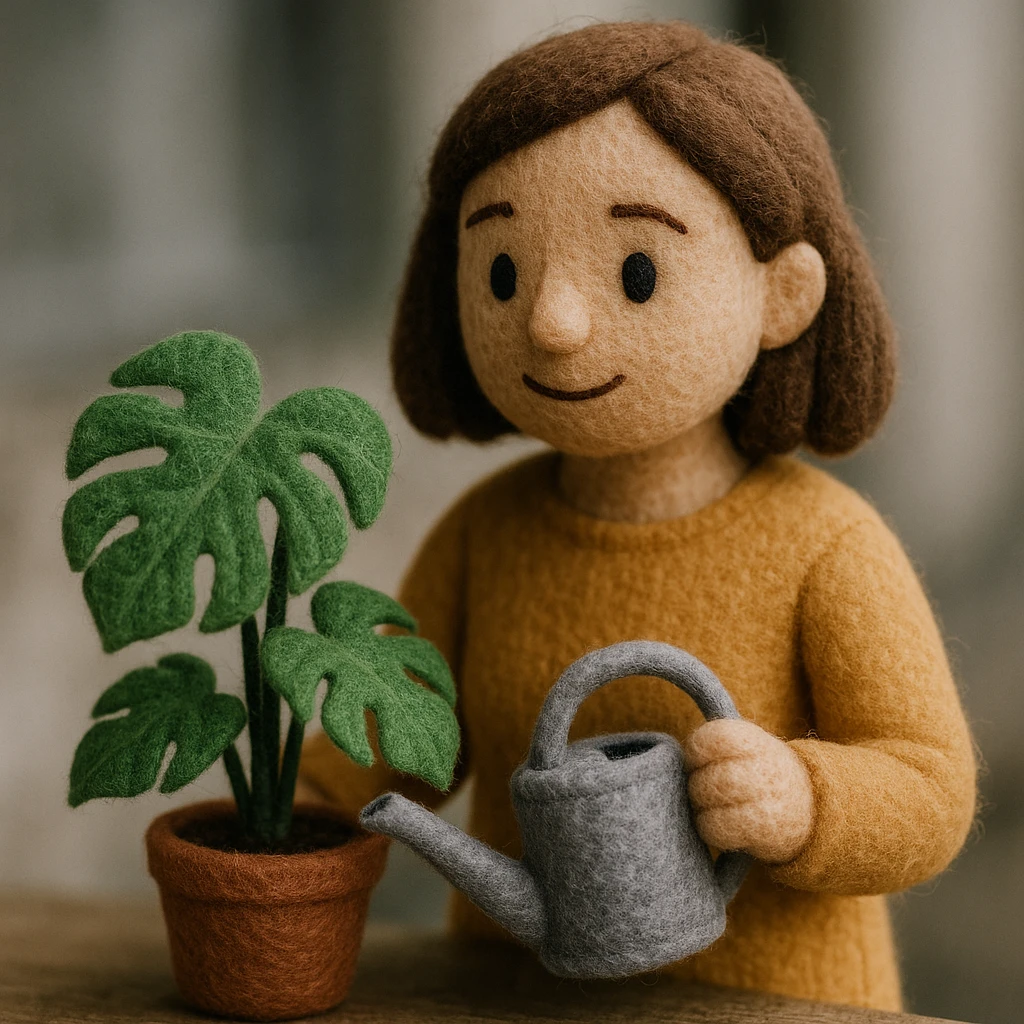 woman watering her monstera plant emoji