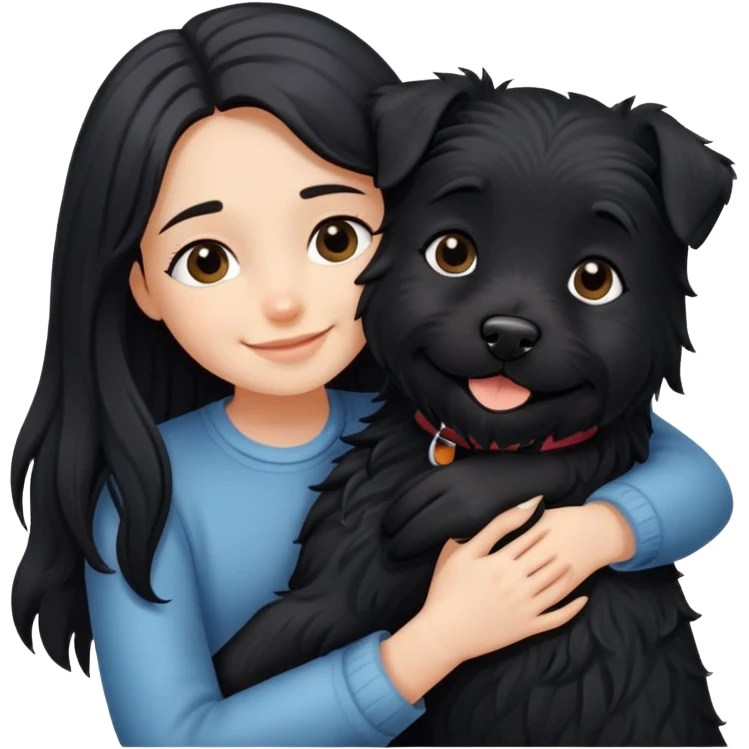 A black long-haired girl happily hugging a black terrier dog emoji