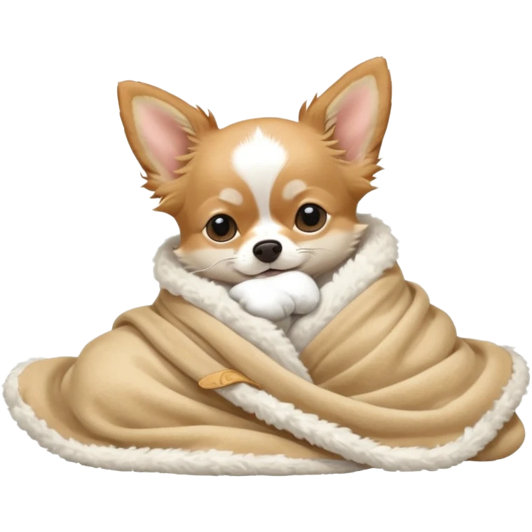Long haired chihuahua, beige, white chest and socks, sleeping cutely under blanket emoji