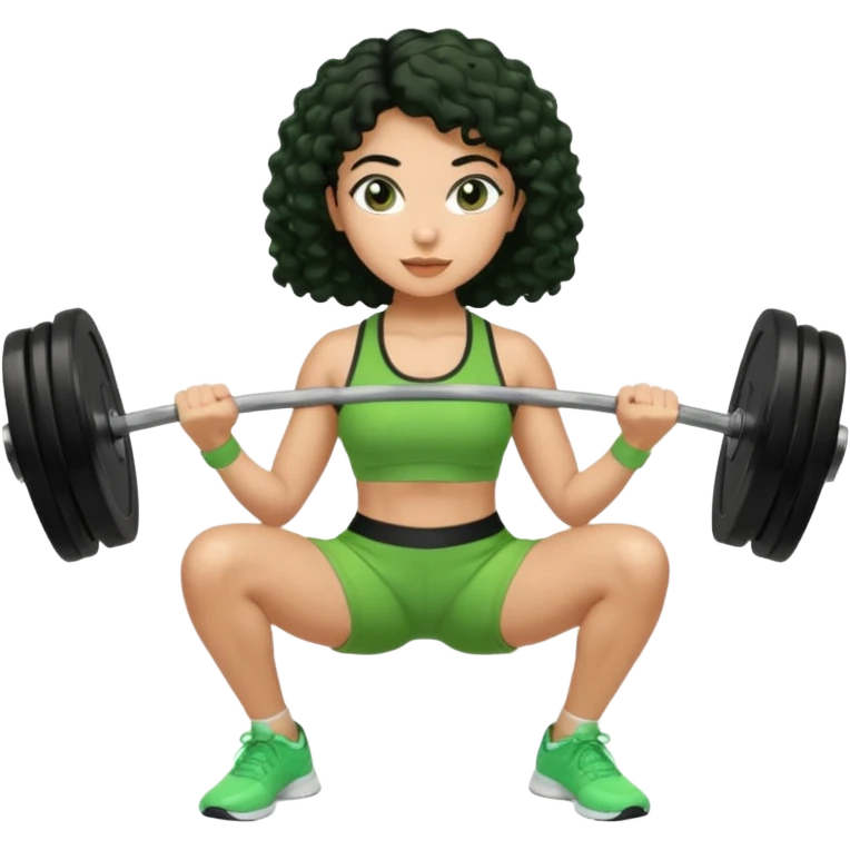 woman with olive skin and curly black hair wearing a green workout outfit (shorts) and lifting weights emoji