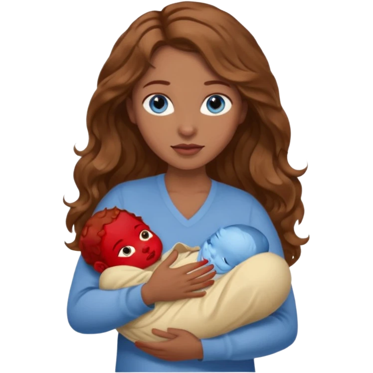 Woman with blue eyes and light brown wavy hair carrying brown skinned newborn emoji