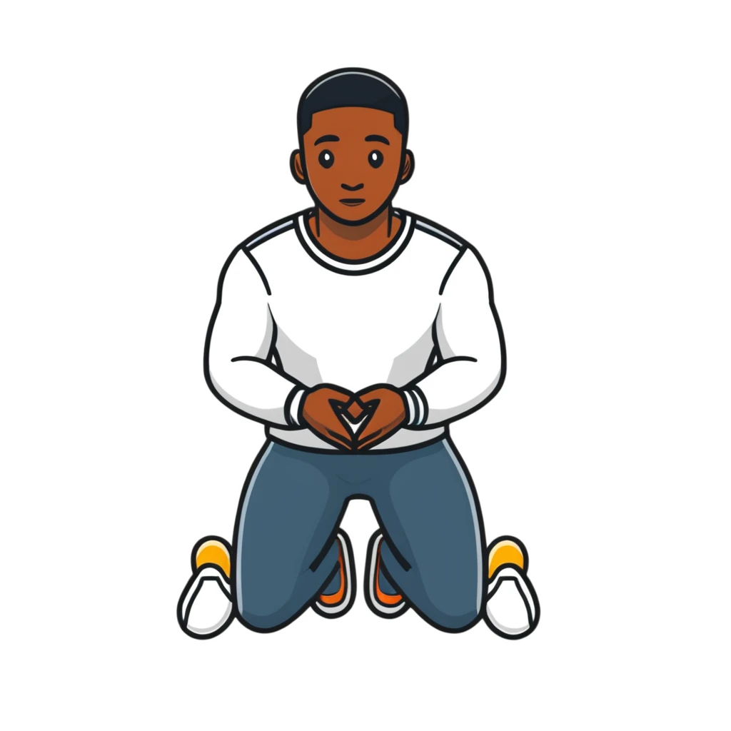 Black man kneeling down in front of white man, respectful pose emoji