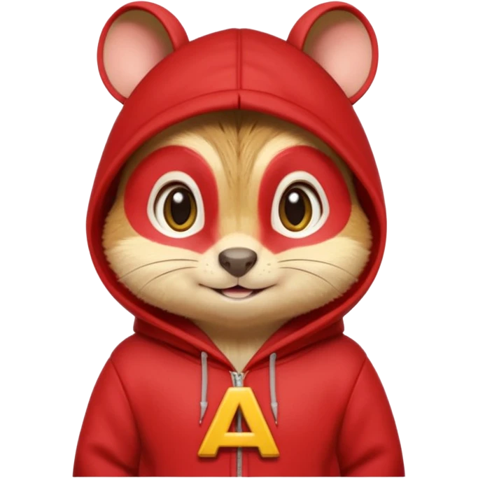 Portrait of a cartoon chipmunk with light brown and beige fur, wearing a red hoodie with a yellow 'A' on it, big round eyes, small nose, and a mischievous grin, front-facing, stylized in animated movie style emoji