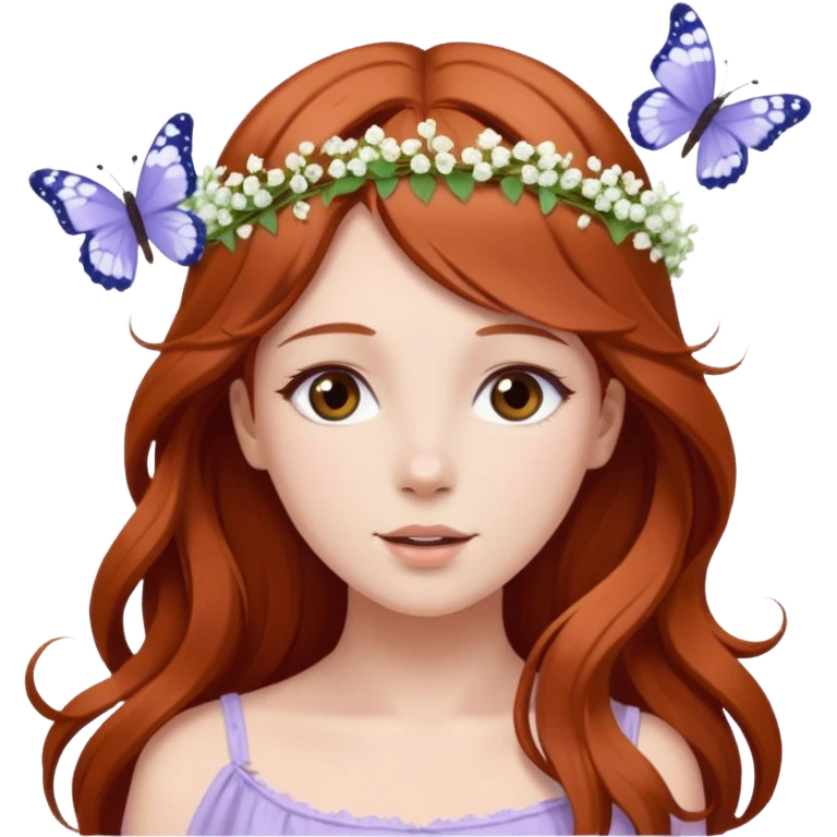 Woman with long flowing auburn hair wearing a flower crown with pale lavender flowers and white baby's breath in it and butterflies flying around it emoji