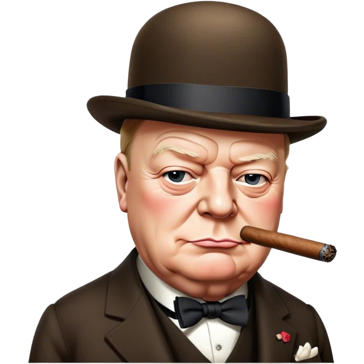 Cinematic Realistic Winston Churchill Portrait Emoji, depicted as a resolute British statesman with a signature bowler hat and a cigar, exuding determined leadership and wartime valor, rendered with lifelike textures and dramatic vintage lighting that captures his iconic British spirit. emoji