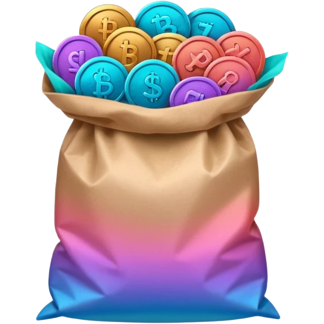 coins in gradient of turquoise, blue, pink, purple, and coral color inside a brown bag emoji