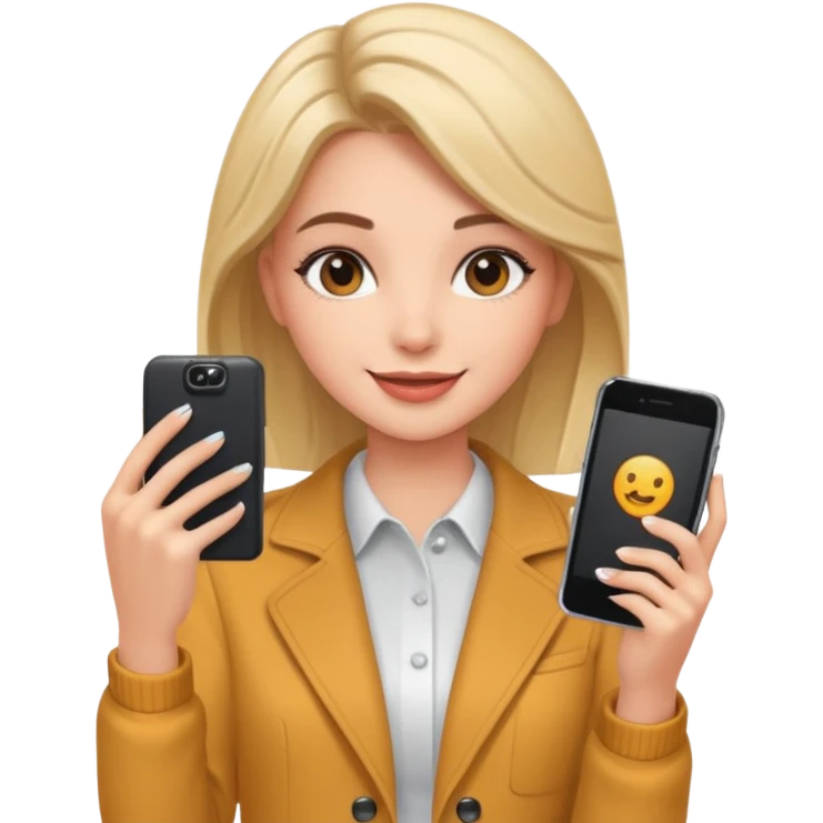 influencer girl, phone in hand, recording herself, confident, trendy look emoji