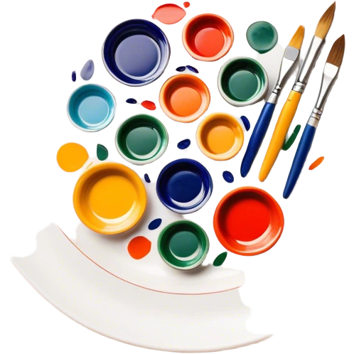 Ceramic painting icon, hand-painted ceramic plate or vase with intricate patterns, visible paintbrush, paint pots, and ceramic tools, colorful glaze, no finished artwork, just the painting process, minimalistic style, clean lines, transparent background. emoji