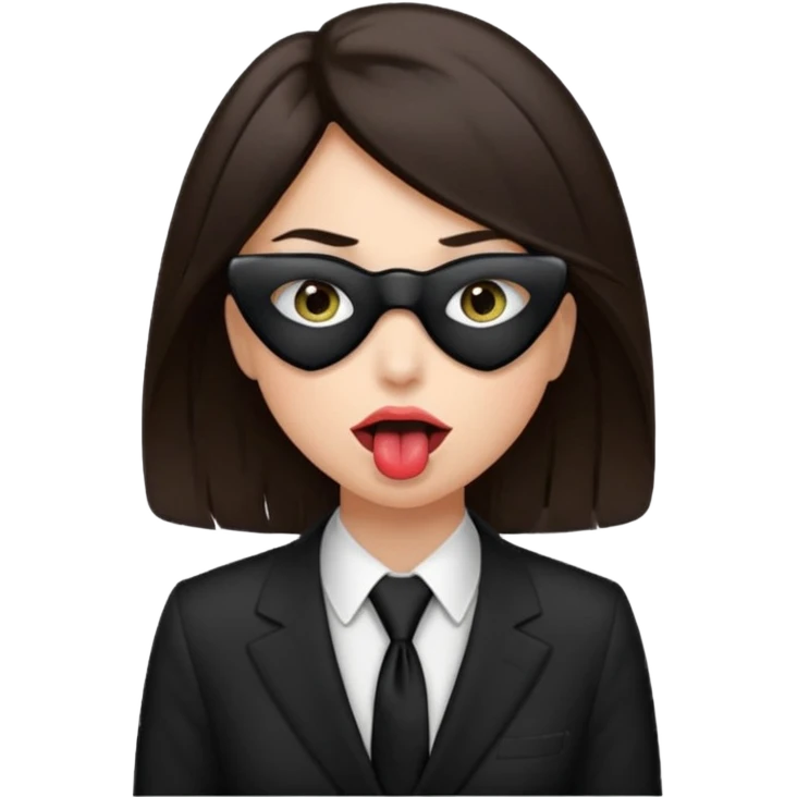woman with dark brown hair wearing black tie over eyes with tongue out emoji